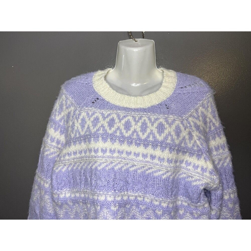 Lush Sweater Womens XS Purple Lilac Fair Isle Fuzzy Knit Cropped Pullover
